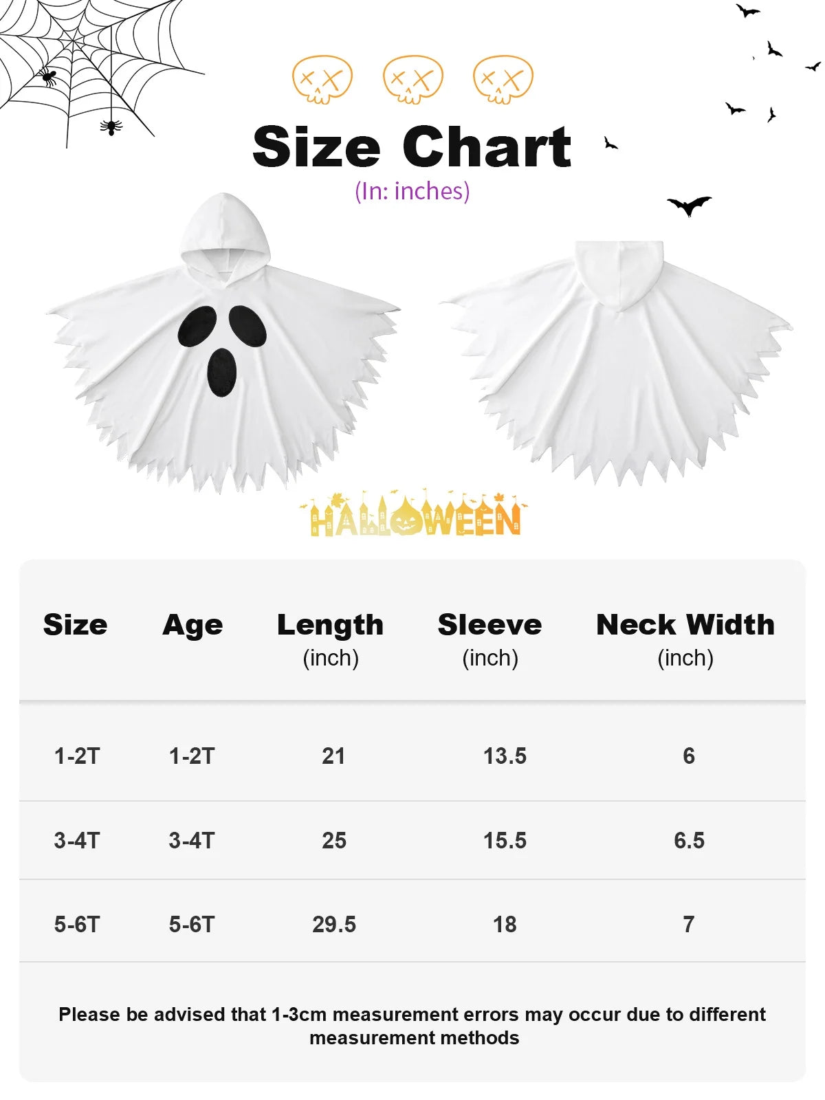 1-6T Toddler Girls Boys Halloween Costumes Ghost Face Cloak,  Kids Halloween White Cape with Hat Outfits