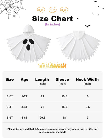 1-6T Toddler Girls Boys Halloween Costumes Ghost Face Cloak,  Kids Halloween White Cape with Hat Outfits