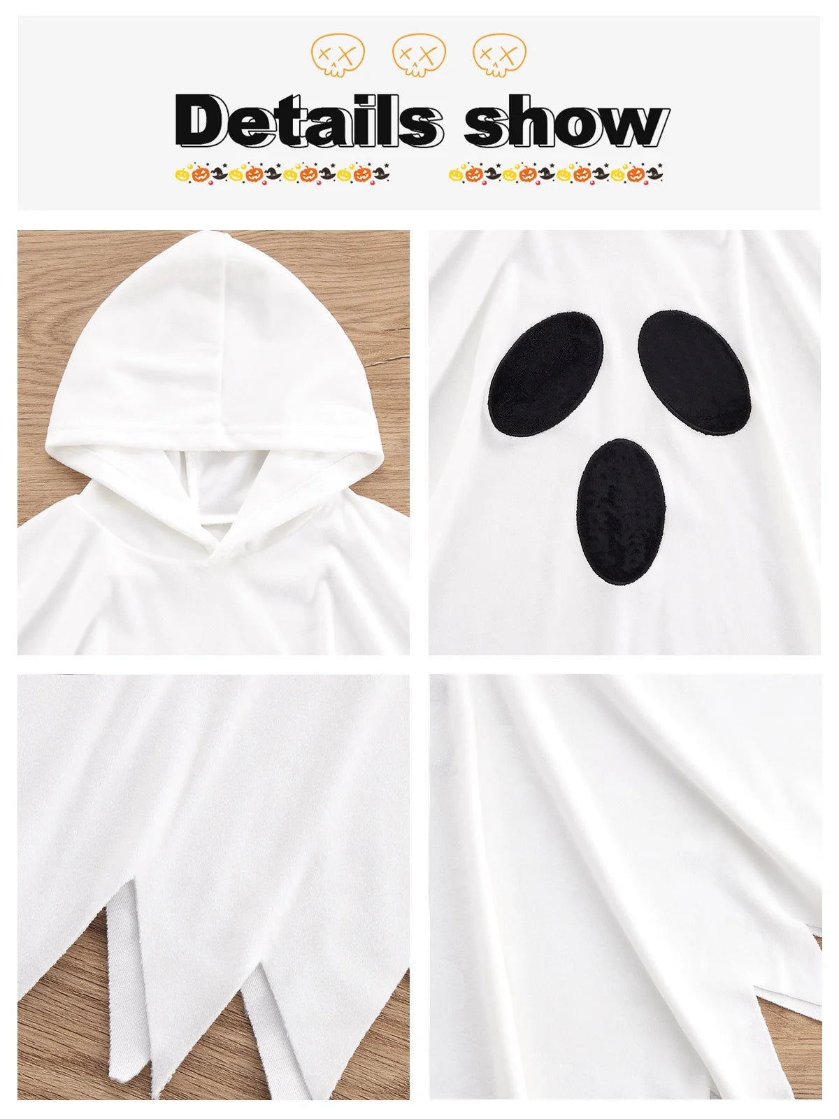 1-6T Toddler Girls Boys Halloween Costumes Ghost Face Cloak,  Kids Halloween White Cape with Hat Outfits