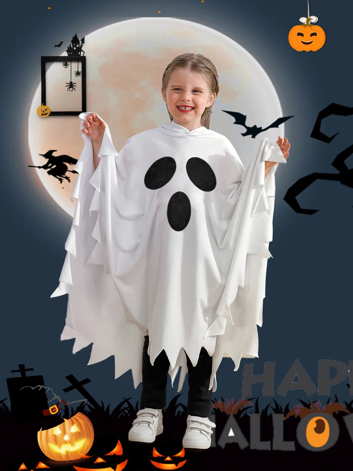 1-6T Toddler Girls Boys Halloween Costumes Ghost Face Cloak,  Kids Halloween White Cape with Hat Outfits
