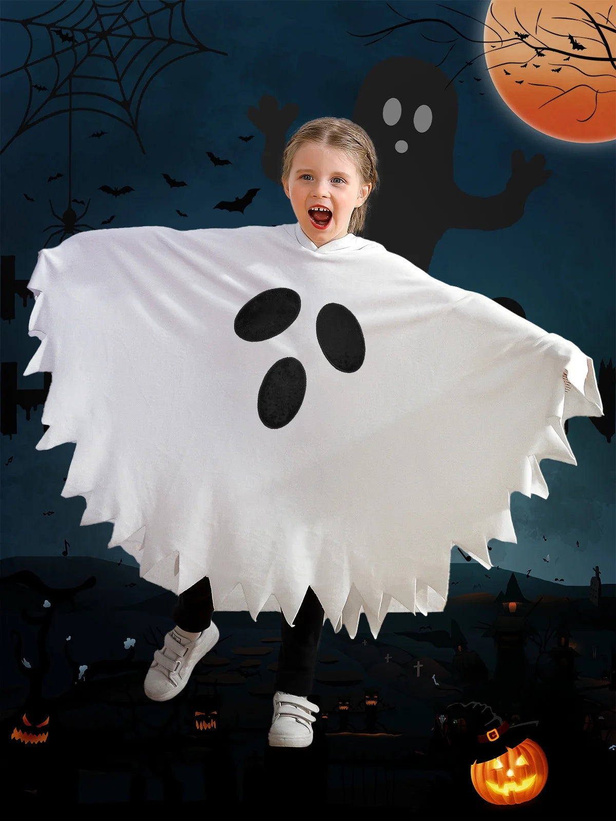 1-6T Toddler Girls Boys Halloween Costumes Ghost Face Cloak,  Kids Halloween White Cape with Hat Outfits